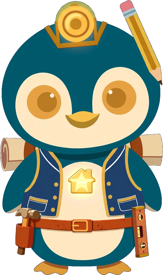Chibi Beam — teal penguin builder with a gold headlamp, blueprint rolls on his back, a hammer and a level on his belt and a glowing house badge