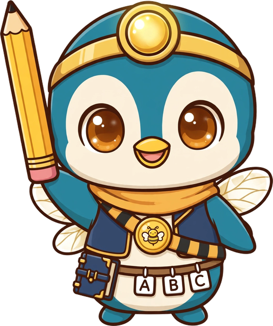 Chibi Bee — teal penguin keeper with little wings, a bee medallion and ABC letter tiles on his belt, holding a big yellow pencil