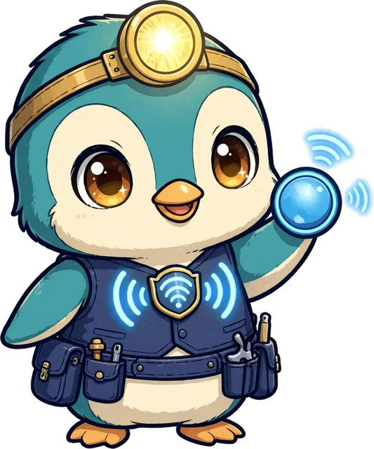 Chibi Echo — teal penguin keeper with a lit gold headlamp and a glowing sound-wave vest, holding a blue listening orb
