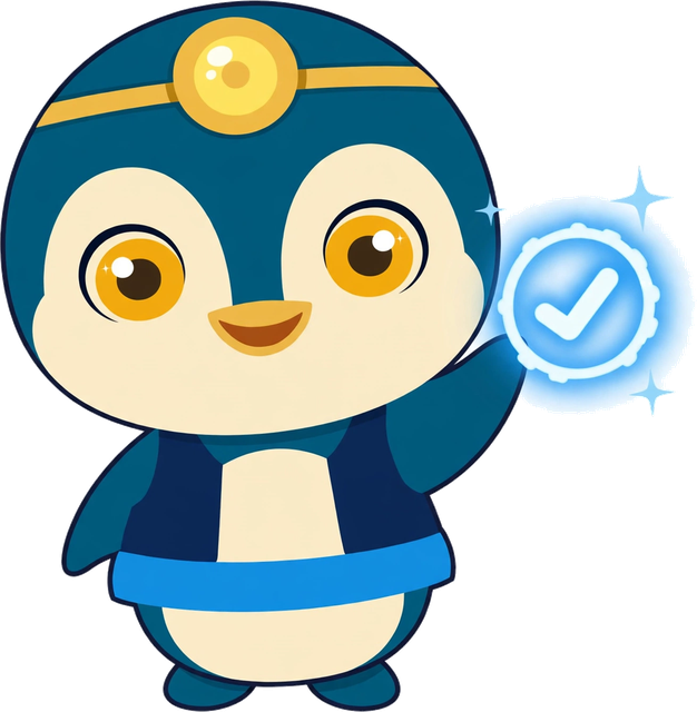 Chibi Mark — little teal penguin keeper with a gold headlamp and blue belt, holding up a glowing blue check badge