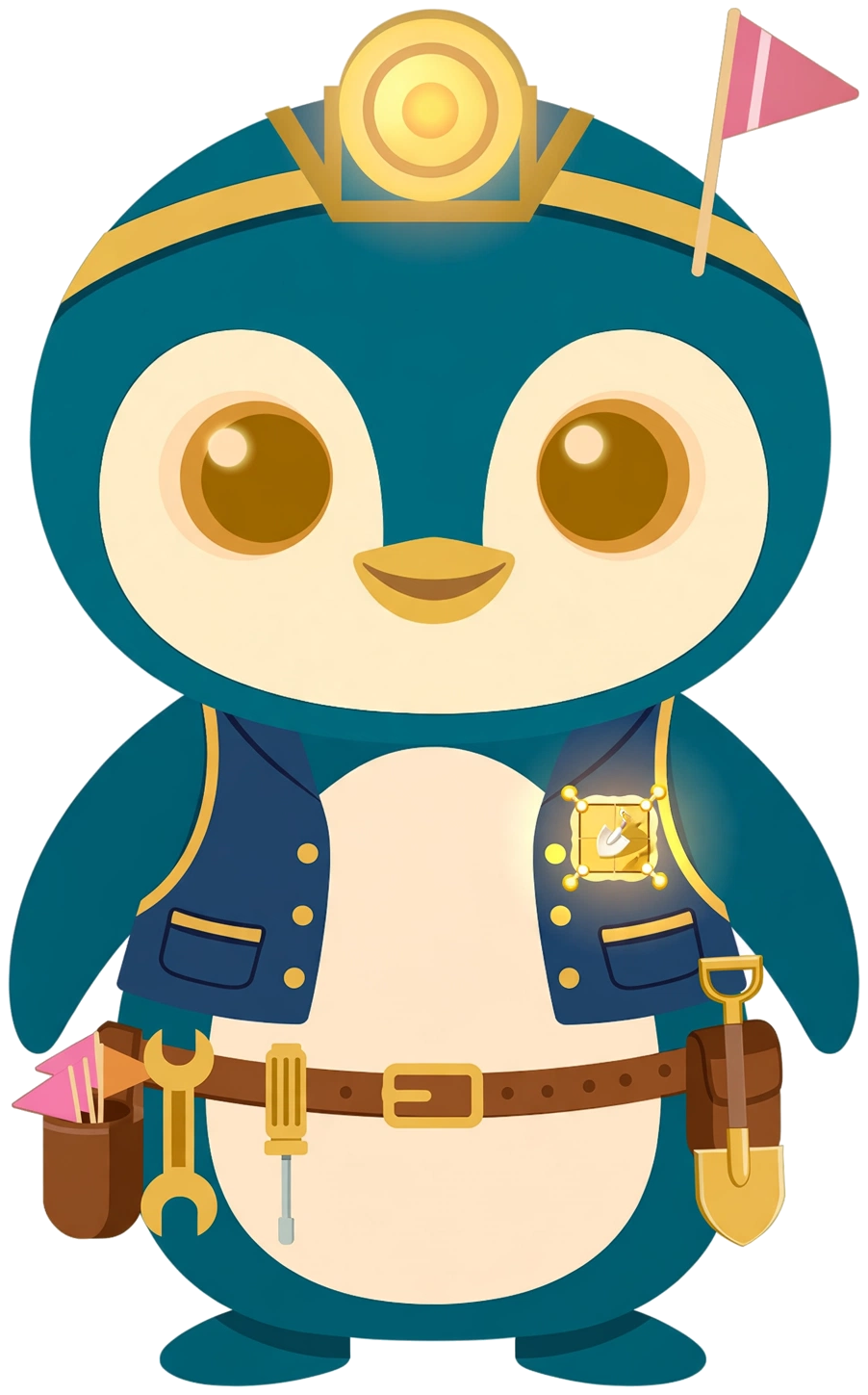 Chibi Scoop — teal penguin surveyor with a gold headlamp and a pink survey flag, a wrench, screwdriver and gold shovel on his belt