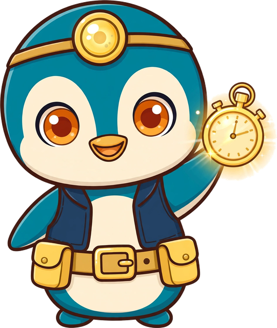 Chibi Tempo — teal penguin keeper with a gold headlamp and tool belt, holding up a gold pocket watch