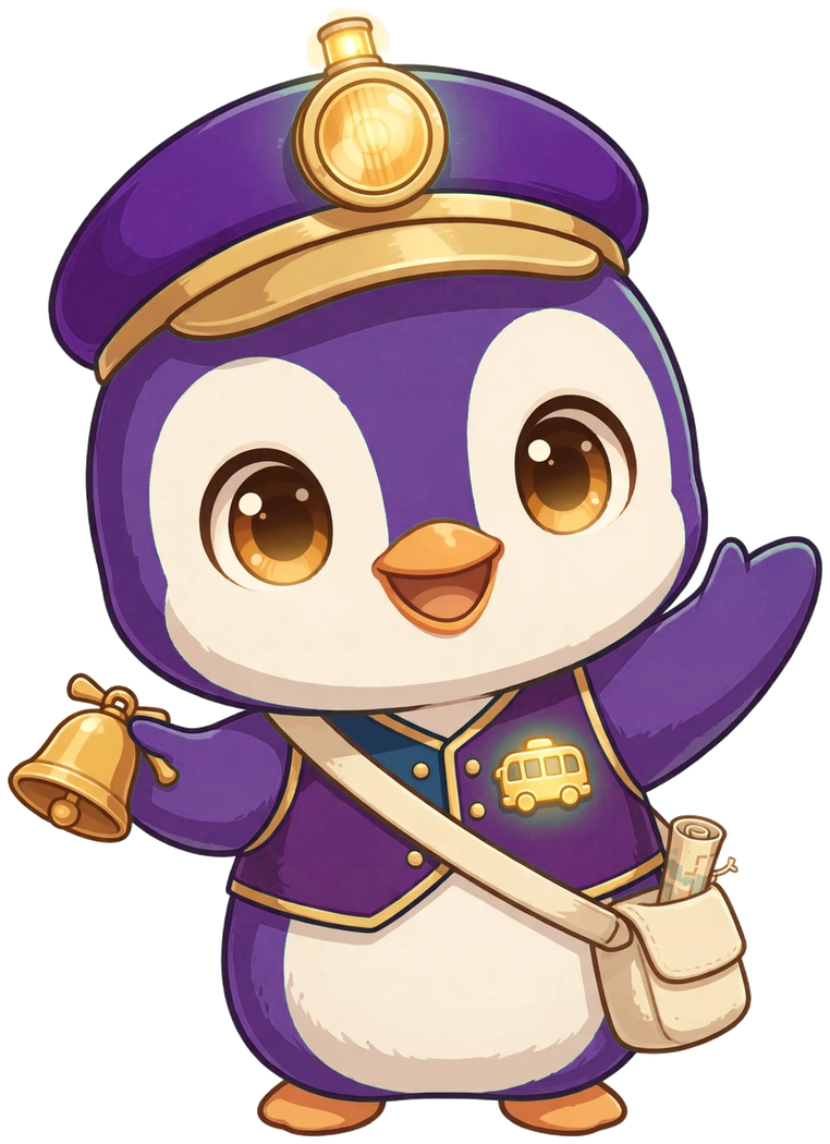 Chibi Trip — violet penguin bus driver with a violet cap and lit lamp, navy vest with a glowing golden bus badge and a cream route-map satchel, holding his golden bus bell