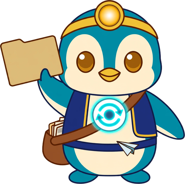 Chibi Update — teal penguin keeper with a gold headlamp and a glowing refresh ring on his chest, carrying a folder and a paper plane