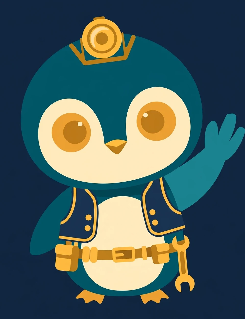 Chibi Fixer — the teal penguin keeper with a gold headlamp, tool belt and wrench, waving