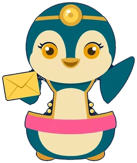 Chibi POST — the little teal penguin keeper with a pink belt, holding a gold envelope, waving