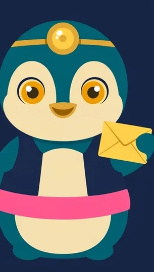 Chibi POST — the little teal penguin keeper with a pink belt, holding a gold envelope