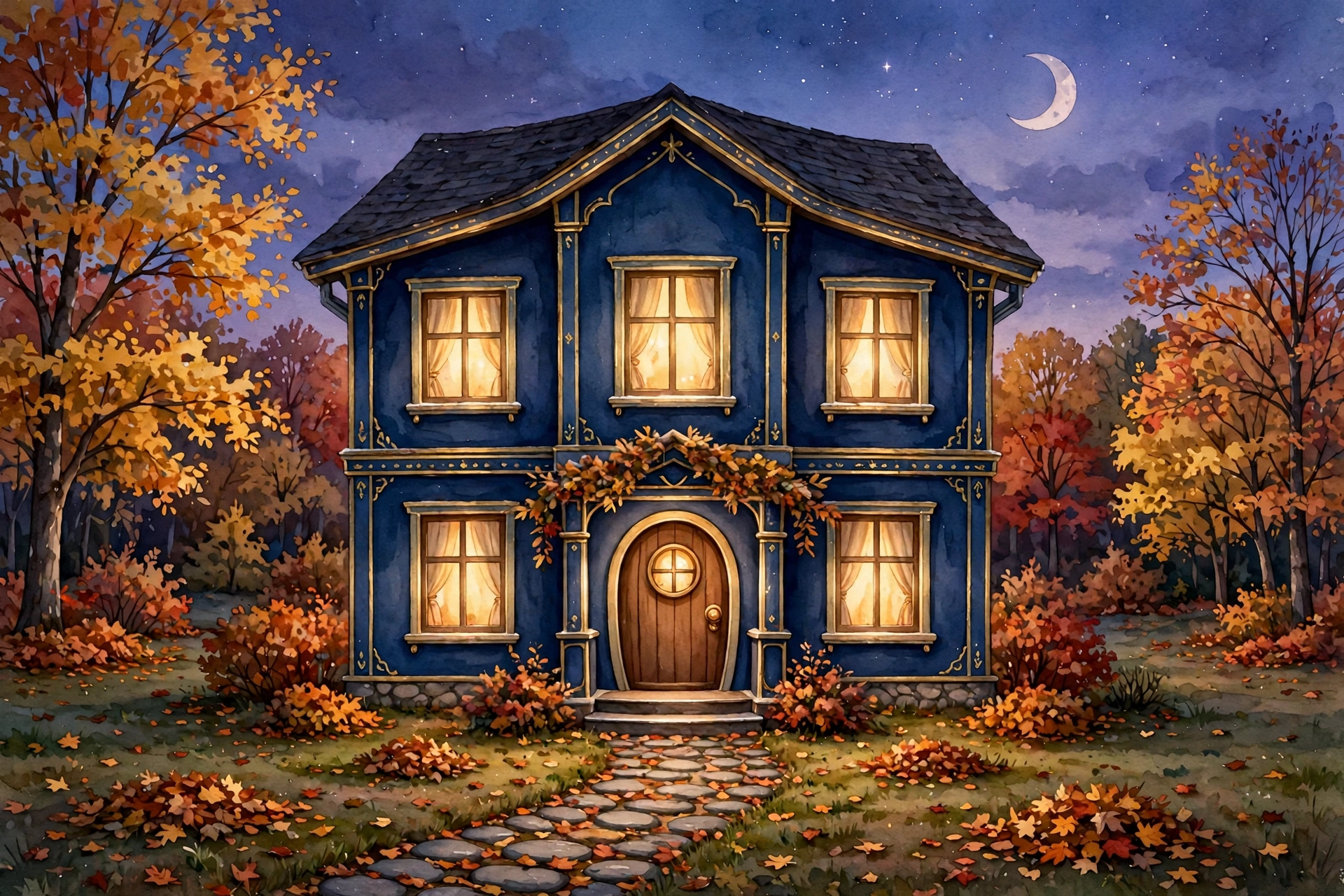 King's House on a fall evening in Springfield — a deep navy storybook house with gold trim, orange and red autumn trees, fallen leaves and leaf piles on the lawn, warm lit windows and a crescent moon, no snow