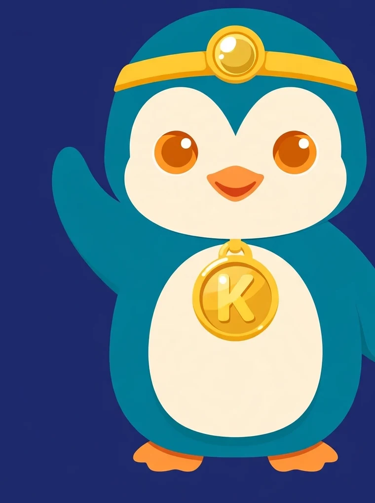 Chibi King — the teal penguin leader with a gold headlamp band and a big gold K medallion, waving