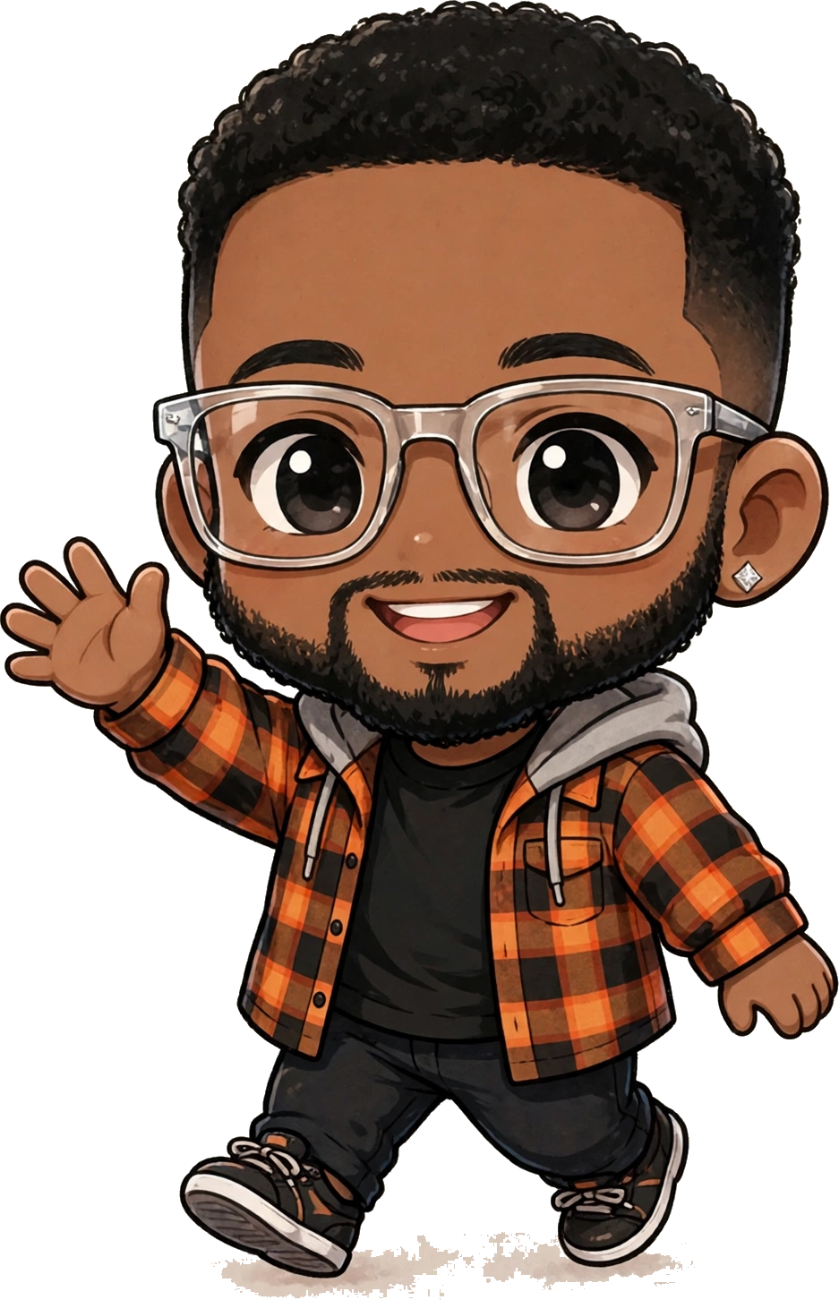Chibi Miguel — glasses, beard, orange plaid flannel, waving