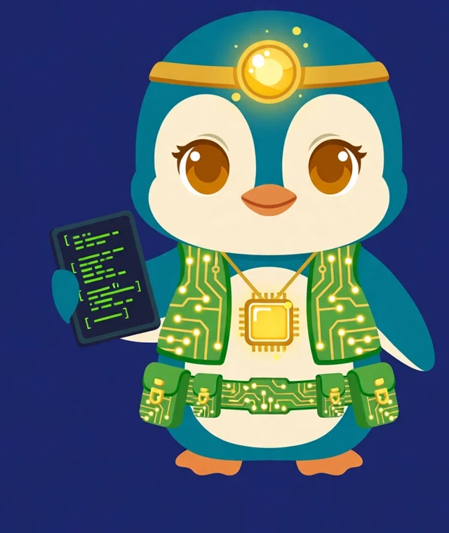 Chibi Motherboard — the teal penguin queen with a glowing gold headlamp, green circuit vest, gold chip pendant and a code tablet