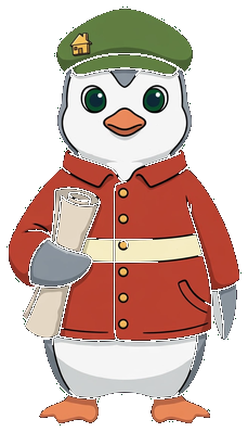Springfield — slate-grey penguin City Watcher with green eyes, a green flat cap with a gold house pin and a brick-red city jacket, holding his rolled city map